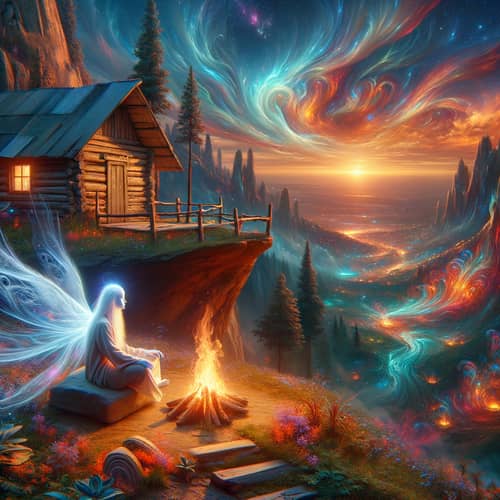 Rustic Cabin Overlooking Otherworldly Landscape | Spiritual Being by Campfire