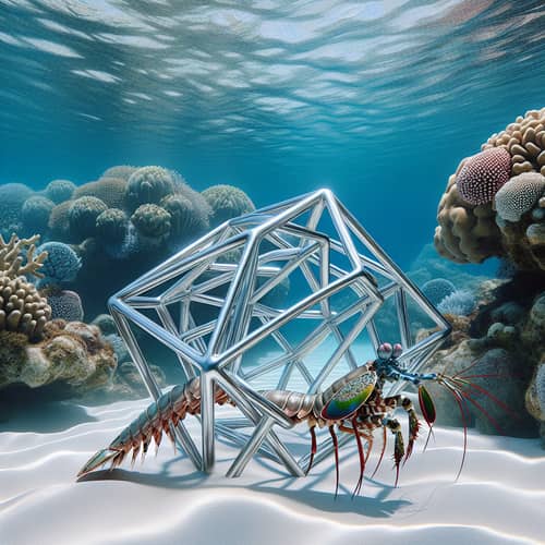 Realistic Mantis Shrimp Swimming Through Metallic Geometric Object