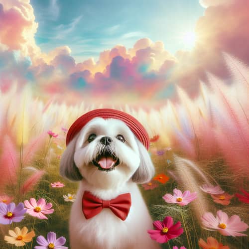 Joyous White Shih Tzu Dog in Vibrant Field with Red Hat
