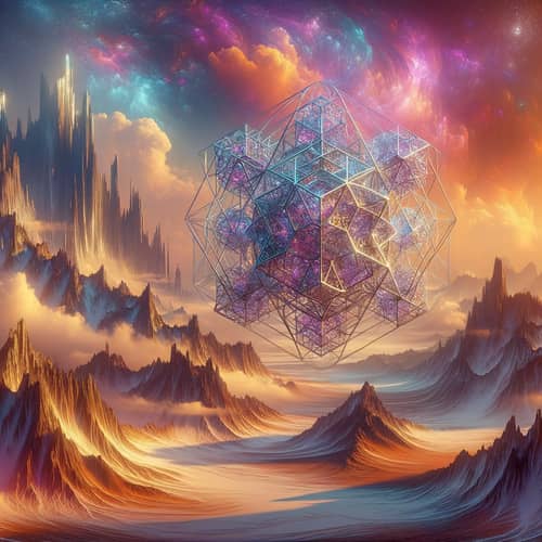 Surreal Mountain Landscape with Metal Sacred Geometry Object