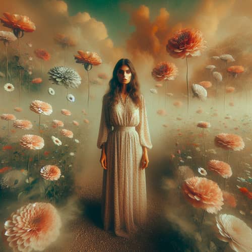 Surreal Portrait of Woman in Floating Flowers Field