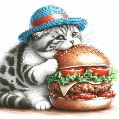 Cat with Hat Enjoying Burger - Whimsical Illustration