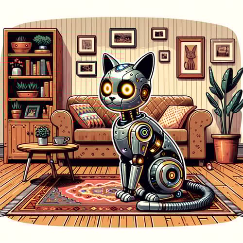 Robot Cat Living Room Scene: Futuristic Contrasts