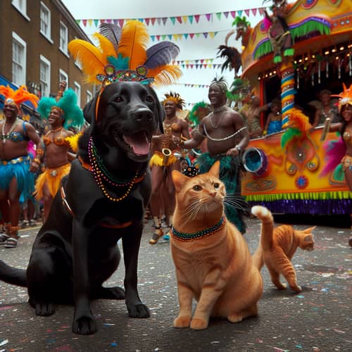Colorful Carnival Scene with Labrador Retriever and Tabby Cat