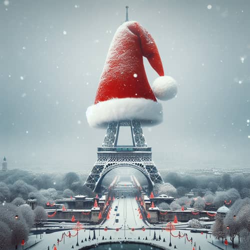 Eiffel Tower with Festive Christmas Hat - Winter Holiday Scene