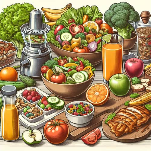 Healthy Foods Illustration: Fresh Salad, Fruits, Chicken & Juicer