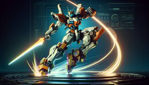 Dynamic Orange and White Gundam in Action | Futuristic Infographic Style