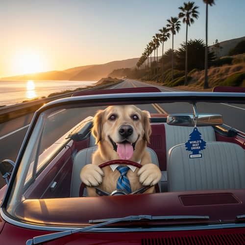 Happy Dog Driving to Work - Tired but Joyful