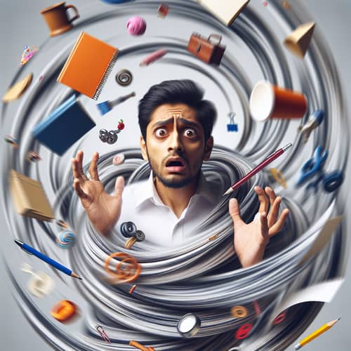 Confused South Asian Man Surrounded by Objects