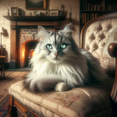 Luxurious Silver and White Cat on Vintage Chair