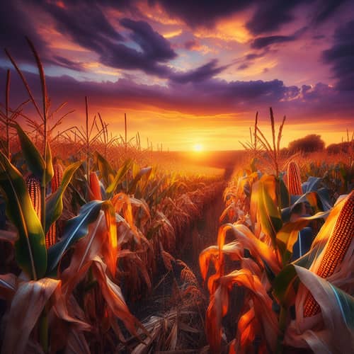 Vibrant Sunset Cornfield: Picturesque Farm Scene