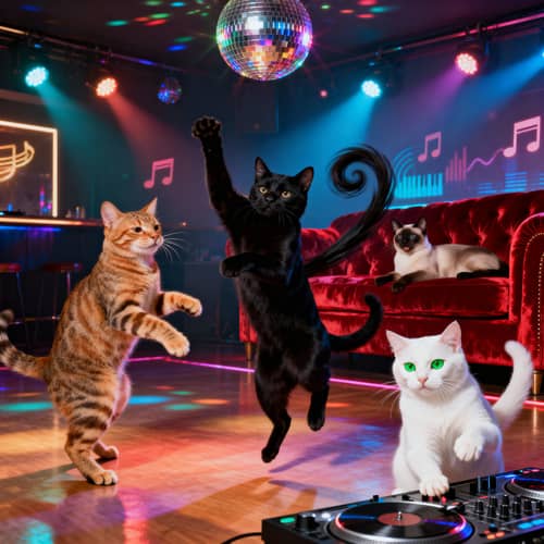 Cats Partying at Nightclub: Feline Fun on the Dancefloor Cats Partying at Nightclub: Feline Fun on the Dancefloor