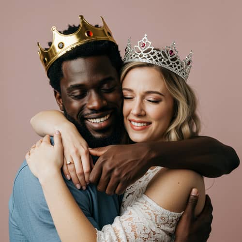 Interracial Couple Embracing with Royal Crowns