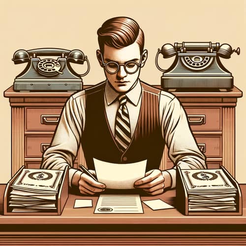 Vintage Business Assistant Sorting Bank Documents at Wooden Desk
