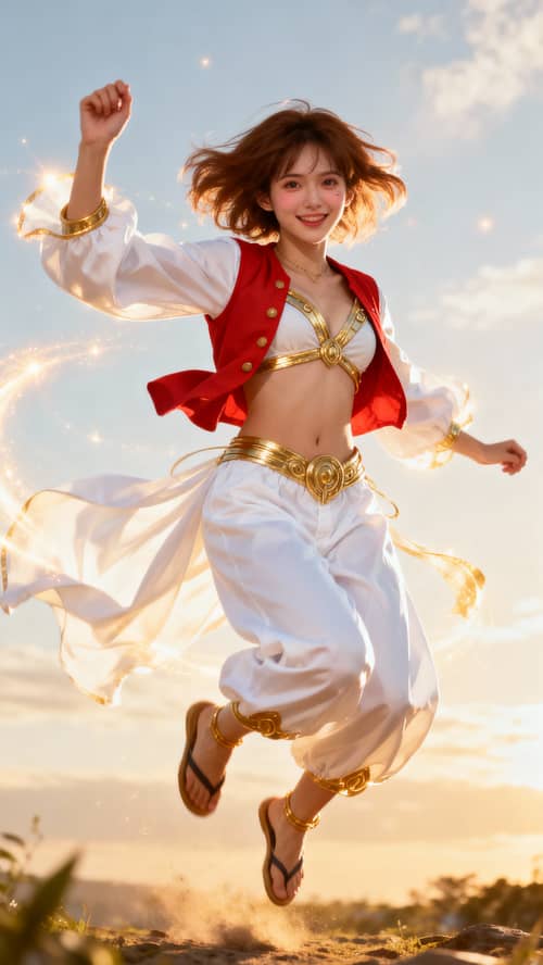 Realistic Luffy Gear 5 Inspired Woman in Action Realistic Luffy Gear 5 Inspired Woman in Action