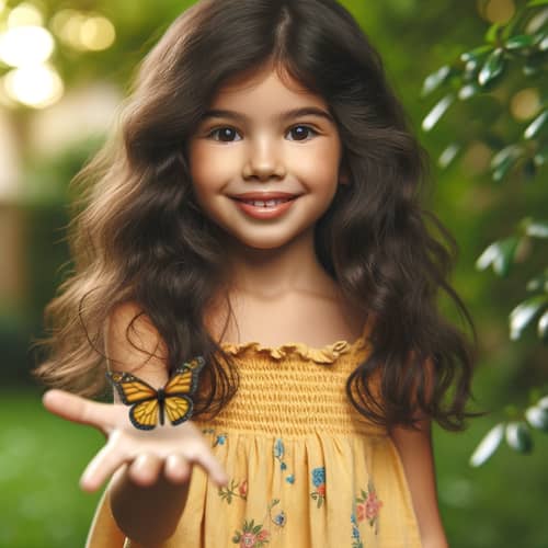 Joyful Hispanic Girl in Yellow Summer Dress Playing with Butterfly
