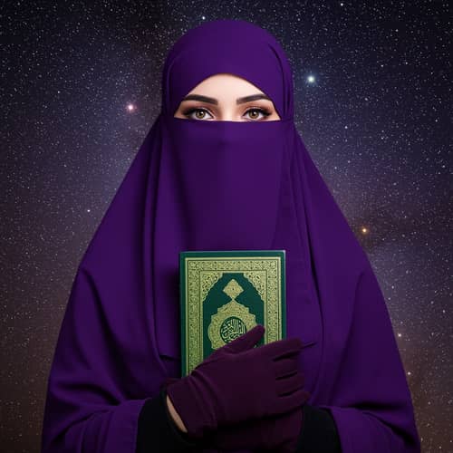 Stunning Muslim Woman in Purple Niqab and Quran