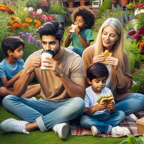 Family Enjoying Coffee and Snack in Vibrant Garden Setting