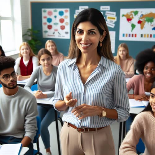 Diverse English Teacher Engaging Students in a Vibrant Classroom Setting