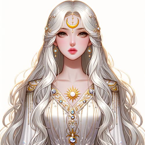 Elegant White Dress with Golden Moon and Comet Symbol