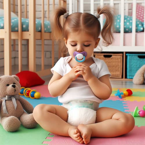 Toddler in Large Diaper Sucking Pacifier | Nursery Scene