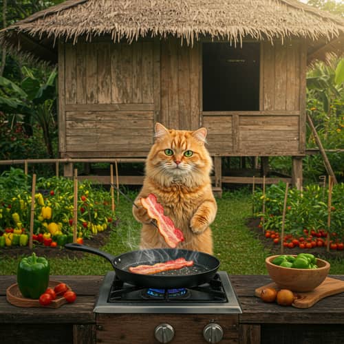 Cat Cooking Bacon in a Cozy Cottage
