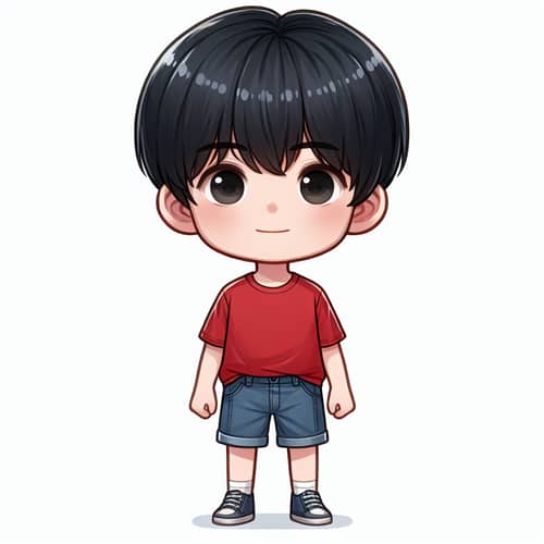 Detailed Illustration of Chinese Boy | 12-Year-Old in Blue Denim Shorts