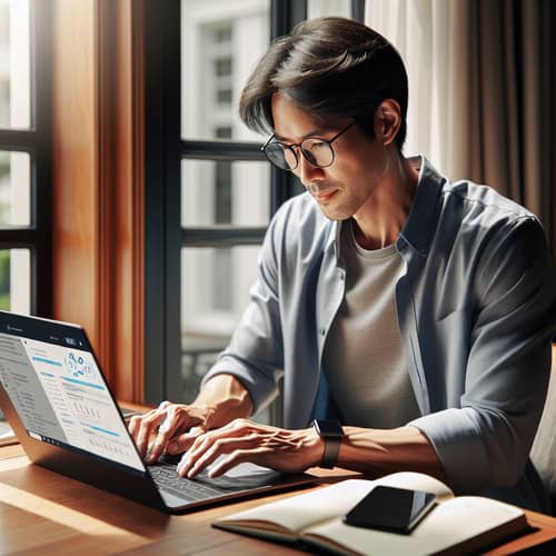 Tech-Savvy Asian Man Crafting Detailed Evaluation with Advanced AI Tools