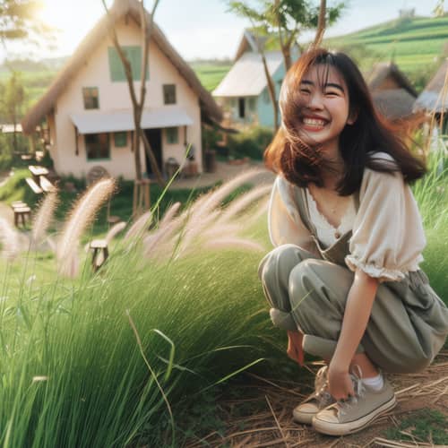 Joyful East Asian Girl in Rural Countryside | Serene Nature Scene