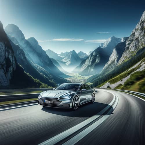 Sleek Silver Car Speeding through Mountain Scenery