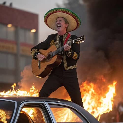 Gavin Newsom as Mariachi on a Burning Car