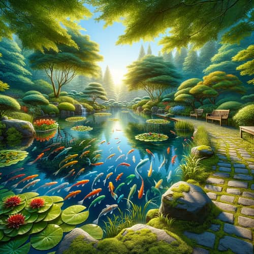 Tranquil Fish Pond Surrounded by Lush Greenery