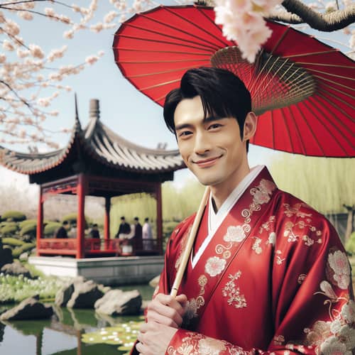 Traditional Chinese Man in Red Robe with Parasol in Cherry Blossom Garden