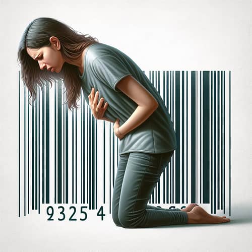 Woman Feeling Sick Next to Barcode - Realistic Art Style