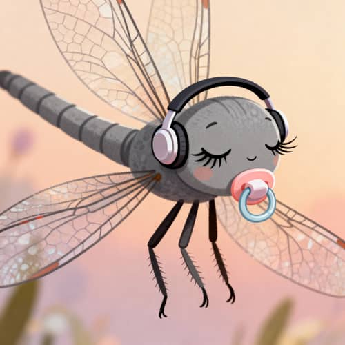 Cute Grey Dragonfly with Headphones and Pacifier