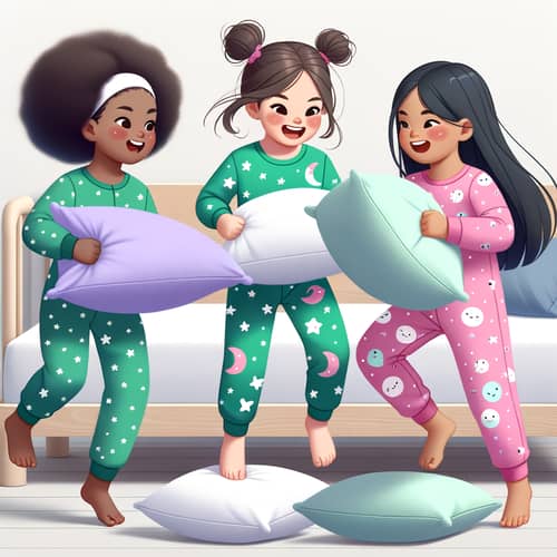 Diverse Girls' Pillow Fight in Cute Pajamas | Fun Bedroom Scene