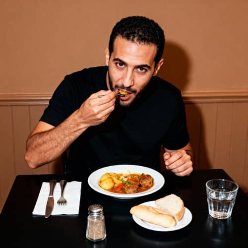 Abdellah Ait Boukchab Dining at a Black Table Abdellah Ait Boukchab Dining at a Black Table
