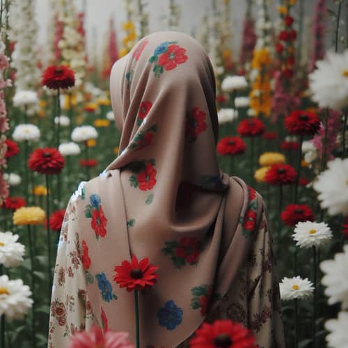 Hijab Girl Surrounded by Red, White, and Yellow Flowers
