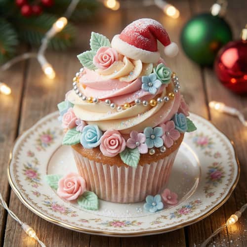 Whimsical Christmas Cupcake with Floral Decor