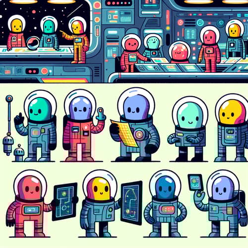 Futuristic Alien Cartoon Characters in Spaceship - Colorful Illustration