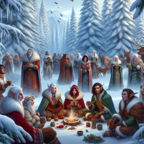 Enchanting Winter Scene with Diverse Elves in Forest