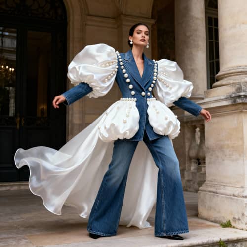 Elegant Denim & Silk Suit with Pearls & Puffy Cape Elegant Denim & Silk Suit with Pearls & Puffy Cape