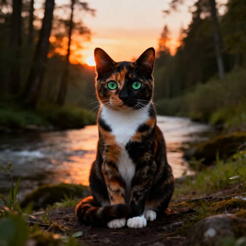 Stunning Tortoiseshell Cat in Forest at Sunset Stunning Tortoiseshell Cat in Forest at Sunset