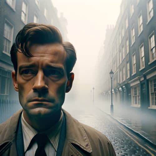 Anxious 1950s Caucasian Man in London Fog