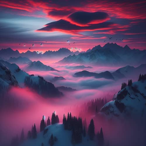 Misty Snow-Covered Mountains at Dawn