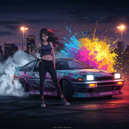 Dynamic Anime Girl with Drifting Sports Car