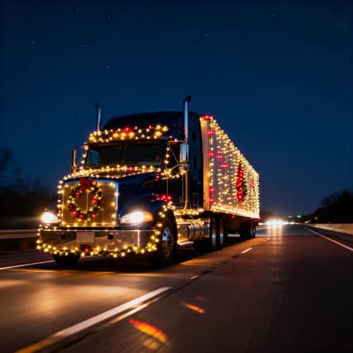 Christmas Truck on Highway at Night Christmas Truck on Highway at Night