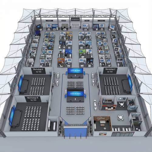 Tech Exhibition Hall Design with Workshops and Stalls