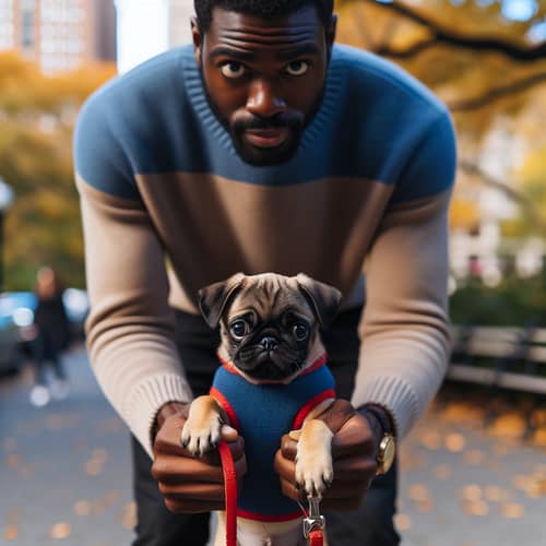 Adorable Pug Walking Man | Urban Park Fall Scene