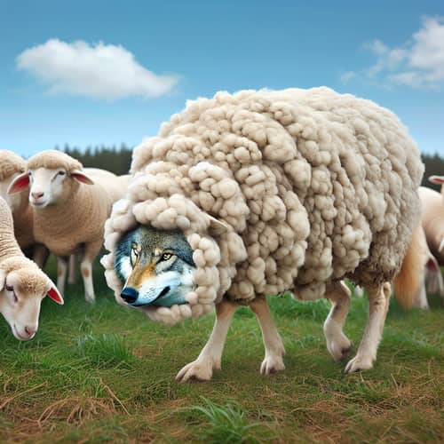 Clever Wolf Disguised as Sheep in Serene Pasture